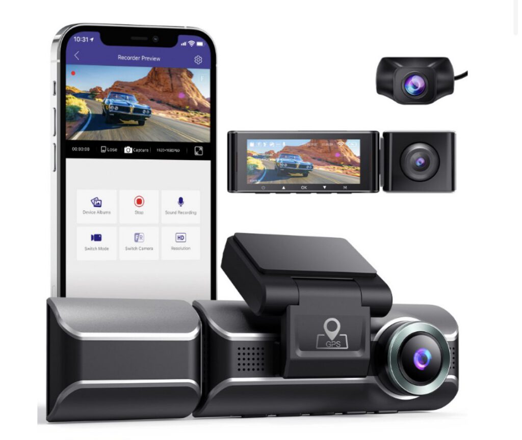 Dashcam 3 Lens 4K camera WiFi + 128GB SD CardGPS 1080P + 1080P 3.17 Inch IPS Display