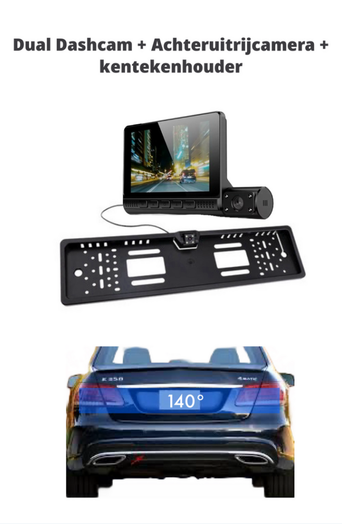 Dual Dashcam + camera kentekenhouder/Parking modus/Touch Screen 4 inch/G-sensor/Night Vision