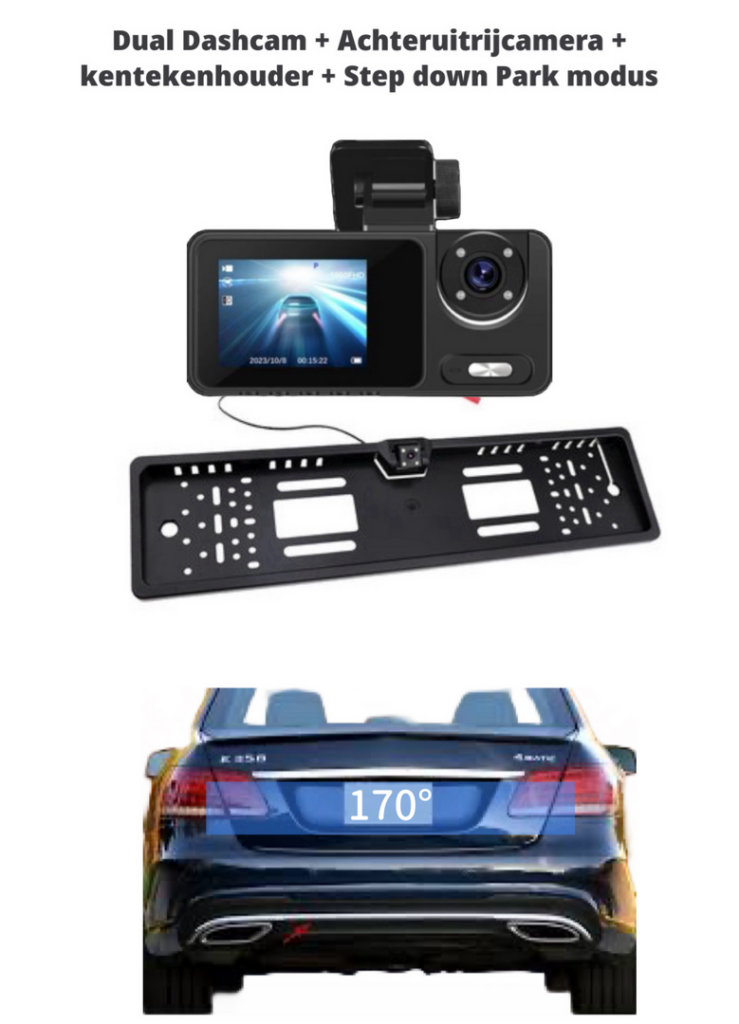 Black Box Dual Dashcam + camera kentekenhouder 2.0 inch IPS display Night Vision/G-Sensor/Parkmodus