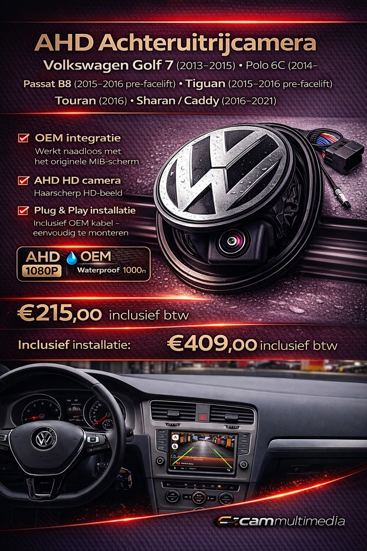 OEM AHD Camera VW Embleem Set voor VW MIB1 – Plug & Play Golf 7/Polo/Passat/Tiguan/Touran/Caddy