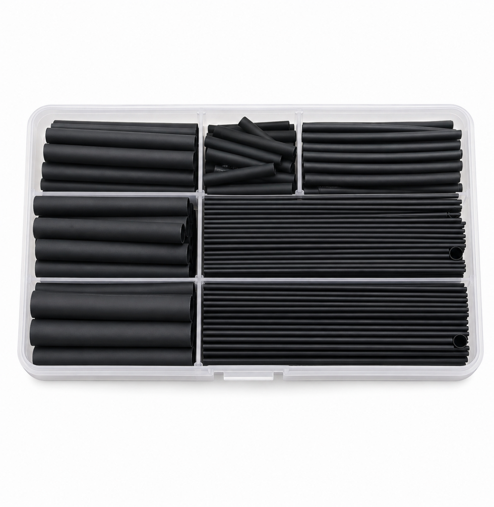 Krimpkous Assortiment Zwart – Diverse Maten voor Kabels & Elektrische Verbindingen – In Sorteerdoos