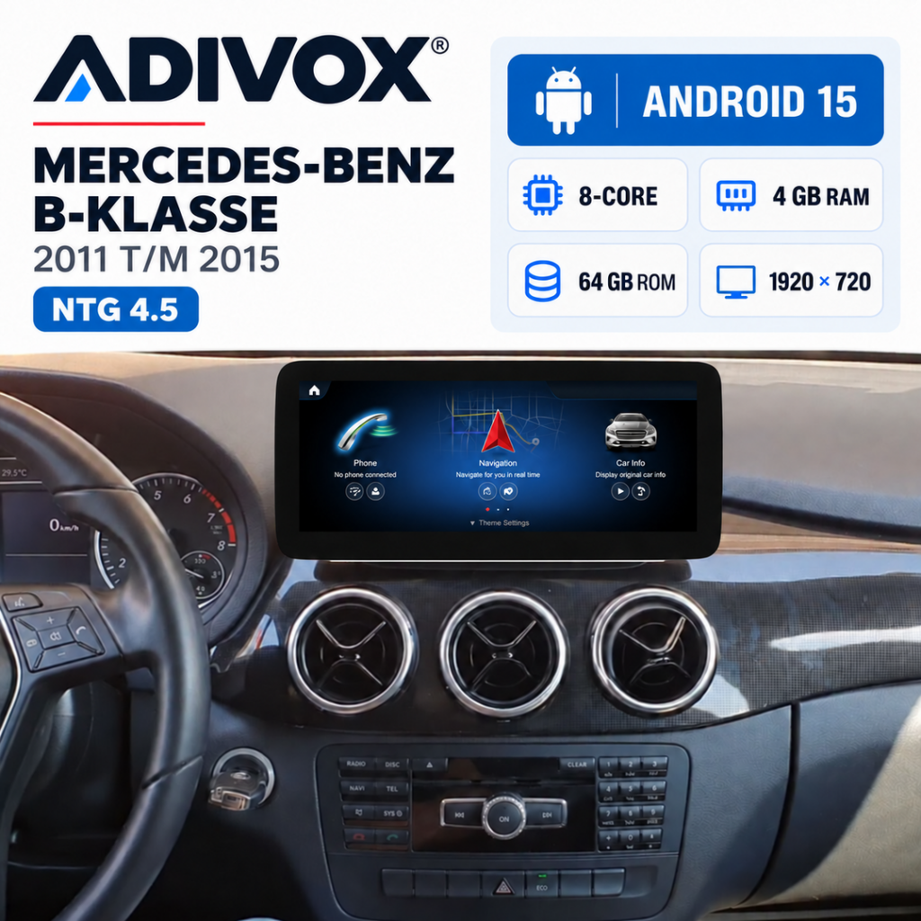 ADIVOX Android 15 Multimedia 10,25 inch voor MB B-Klasse 2011–2015 – NTG 4.5 – CarPlay/Android auto